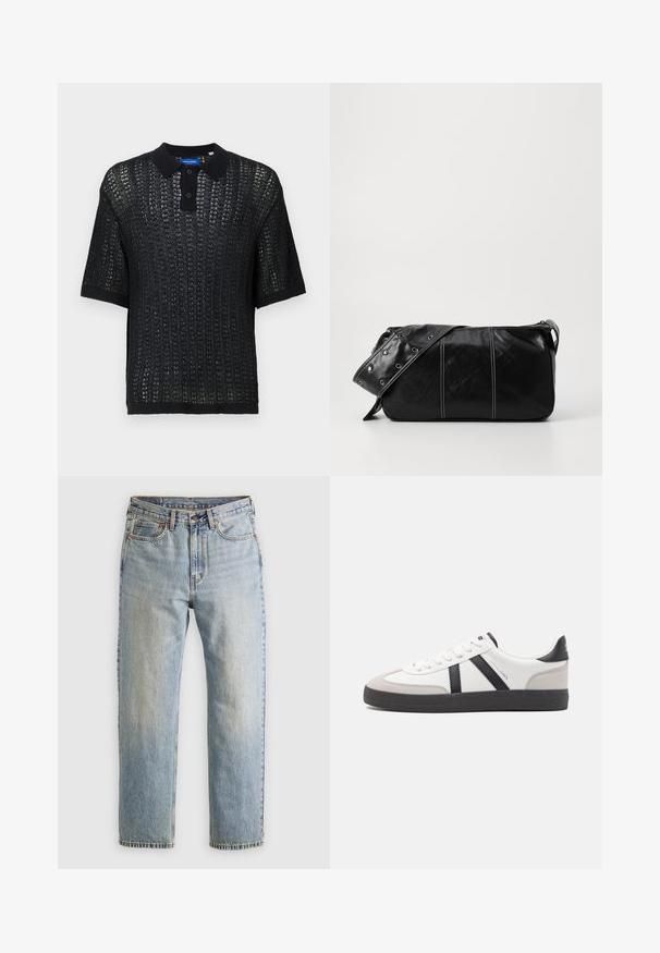 Polo negru cu mânecă scurtă, cu o textură țesută, având guler, nasturi și manșete raibate. Fabricat din material ușor.; Jeans din denim de culoare albastru deschis, cu talie înaltă, nasture frontal, fermoar și design cu cinci buzunare, așezate platesc pe un fundal neutru.; Sneaker alb cu accente negre și gri, având un capac de vârf gri texturat, talpă din cauciuc negru și șireturi plate albe. Design elegant, stil minimalist.; Geantă de umăr din piele neagră cu închidere cu fermoar, având un corp texturat, cusături albe și o curea cu ochiuri argintii.