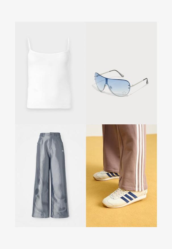 Hvit ribbestrikket tank topp med tynne stropper, rund hals og stram passform, laget av et mykt bomullsblandingsstoff.; Vide benbukser i skinnende grå materiale, med hvide sidestriber og et flammemønster på de nederste ben. Knap- og lynlåslukning i taljen.; Kremfargede sneakers med blå semsket skinnstriper, hvite snørebånd og gummisåle. Kombinert med grå joggebukser med hvite sidestriper.; Pilotbriller med gradient blå linse, sølvfarget metallramme og dekorative stjerneaksenter på linsen. Glatt og stilren design.