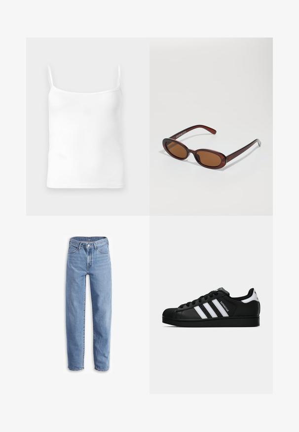 Bela rebrasta majica bez rukava s tankimi naramnicami, okroglim izrezom in prilegajočim krojem, izdelana iz mehkega bombažnega materiala.; Svetlo modri traper hlače, sproščenega kroja, ravne nogavice, z načrtovanjem petih žepov in raztrganimi robovi za sproščen videz.; Črne superge Adidas Superstar z belimi črtami, zaščitnim pokrovom na prstih in napisom "Superstar" na strani, prikazane v bočnem profilu na beli podlagi.; Okrogle, rjavo obarvane sončne naočare z sijočim burgundskim okvirjem. Tanek nosilec s subtilnim logotipom. Oblika leč je ravna.; Rjava tkana usnjena torbica s sproščenim, trikotnim oblikovanjem. Ima pleten ročaj in zadrgo na vrhu.