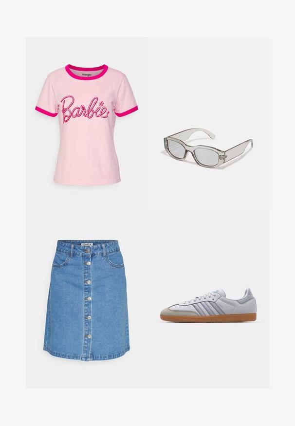Wrangler RINGER TEE - T-shirt med print - barbie pink; Denimkjol i ljusblått med en åtsittande form, framknappstängning, två framfickor och nederkanten som slutar ovanför knäet.; Vita lädersneakers med ljusblå accenter, grå mocka tå och en brun gummisula. Har tre blå ränder och "Samba"-logotyp.; Grå, genomskinliga solglasögon med rektangulär form, platta linser och tjocka skalmar. Har en subtil gångjärnsdetalj vid tinningarna.
