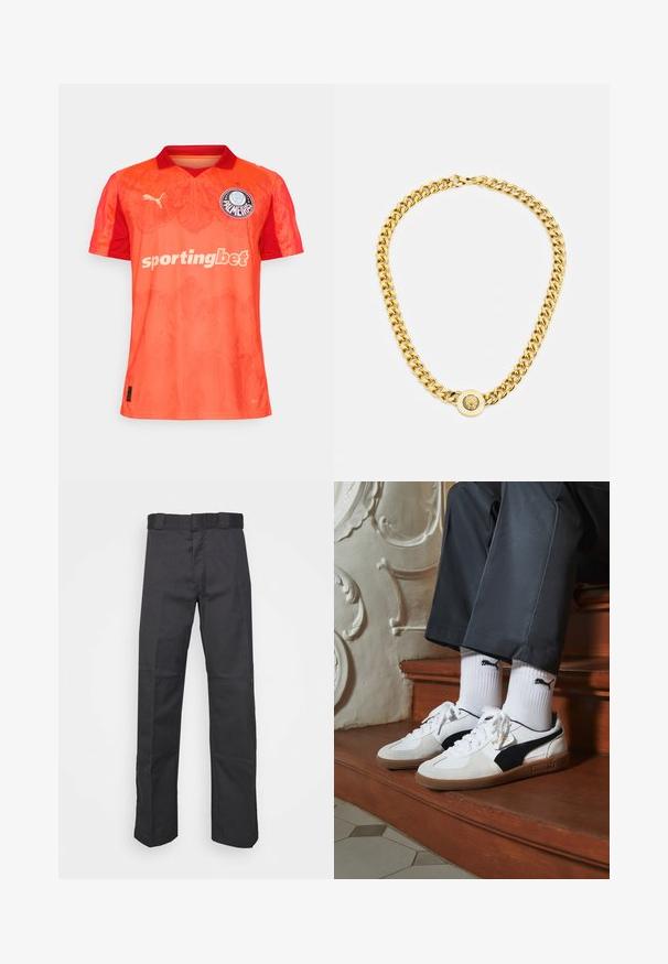 Oranžinė sportinė marškinė su gradientiniu dizainu, turinčiais trumpas rankoves, apykaklę ir logotipo ženklelį. Pagaminta iš laidžios orui medžiagos patogumui.; Juodos kelnės, pagamintos iš patvarios medžiagos, su tiesiais kaire, juosmeniu su diržo kilpomis ir siūlėmis, suteikiančiomis tekstūrą.; Puma sportbačiai baltoje ir juodoje zomšo spalvų derinys, su rudu guminio pado apdaila. Derinama su baltais kojiniais, kuriuose pavaizduota juoda logotipas, dėvimi su tamsiomis kelnėmis.; Auksinė grandinė su dideliais susijungusiais žiedais, centruje uždedamas apskritas pakabukas su iškilnia emblema.