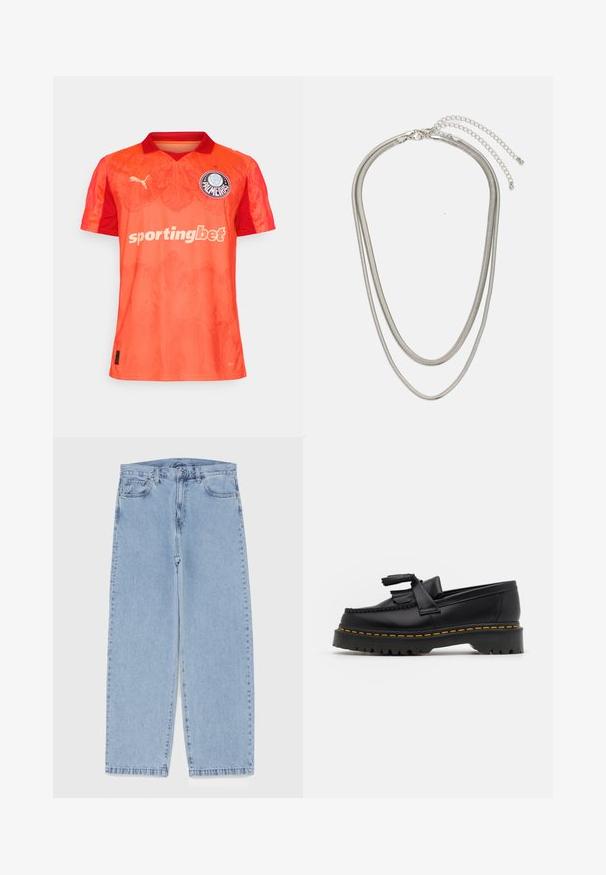 Narancssárga sportmez, amelyen gradienstermés látható, rövid ujjakkal, gallérral és logóval. Lélegző anyagból készült a kényelem érdekében.; Világoskék farmernadrág egyenes szárú kivitelben, közepes derékkal, öt zsebbel, gombos és cipzáros záródással.; Fekete bőr mokaszin, rojtos díszítéssel, masszív fekete talppal és sárga varrással az élén. Texturált felület.; Háromrétegű ezüstszínű fém nyaklánc, letisztult, rugalmas láncokkal, enyhe fényességgel, homárkapoccsal rögzítve és állítható lánccal.