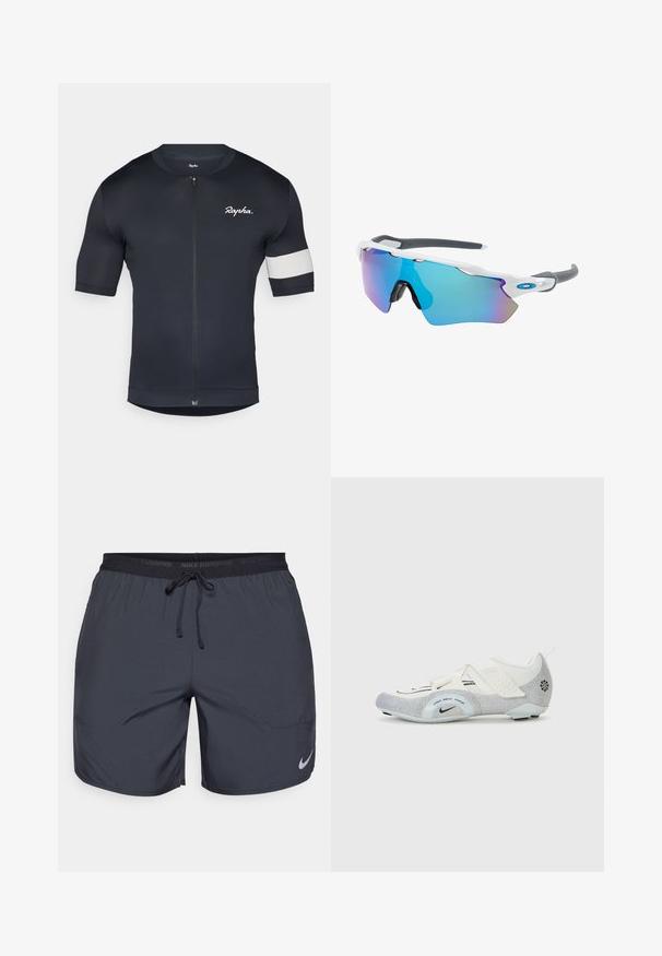 Jersey de ciclismo de manga corta en azul marino oscuro, con cremallera frontal, tejido texturizado y una franja blanca en la manga izquierda con detalle del logo.; Pantalones cortos de running de Nike en gris oscuro, con una cintura elástica y un cordón de ajuste, además de un acento del logo plateado en la parte inferior de la pierna derecha.; Zapatillas de ciclismo blancas y plateadas con parte superior de malla, acentos texturizados, correas ajustables y suela de goma para agarre y estabilidad.; Gafas de sol con montura blanca, detalles grises y lentes espejados azules. Diseño deportivo, forma envolvente y almohadillas para la nariz ajustables.