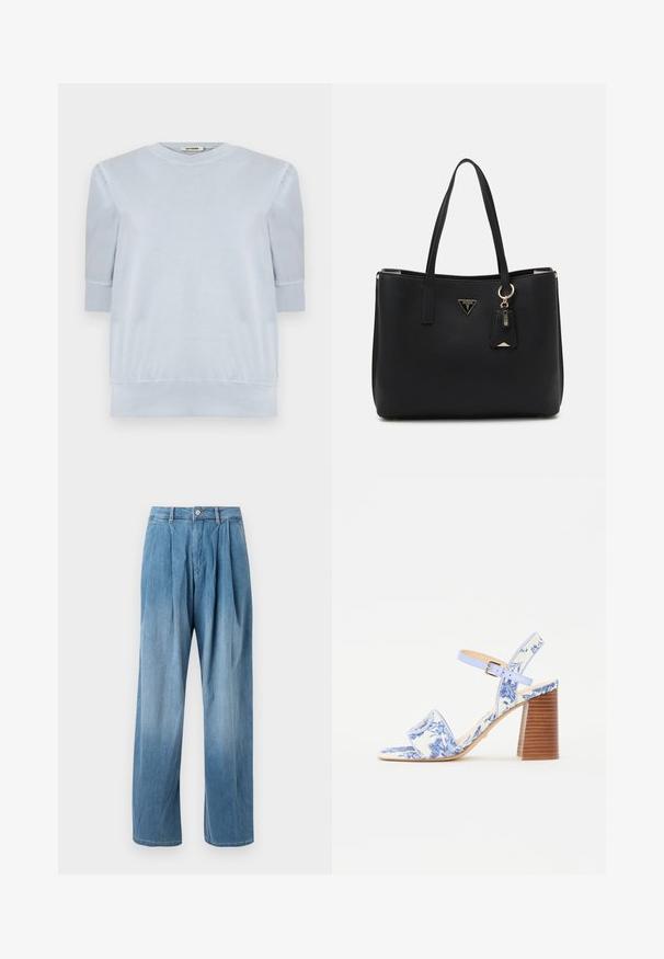 Camisa de pullover azul claro, feita de tecido suave, com mangas curtas, gola redonda, e punhos e bainha canelados. Textura lisa em geral.; Calças de ganga azul claro com pernas largas e pregas na frente. Apresentam um fecho de correr e fecho de botão, costuras contrastantes e um design clássico.; Sandal azul com padrão floral, com ponta quadrada, uma faixa larga e uma correia ajustável no tornozelo, apresentando um salto bloco de madeira texturizado.; Mala tote preta feita de material sintético texturizado, com duas alças, uma placa de logótipo dourada e uma etiqueta pequena com um detalhe em acento.