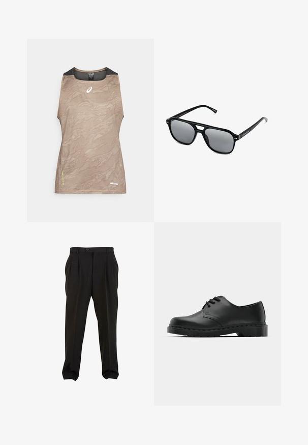 Brun ærmeløs atletisk top med et struktureret mønster, der har sorte mesh detaljer ved hals og arme samt et lille logo på forsiden.; Sorte bukser med et glat stof, der har frontfolder, en knap i taljen og tapered ankler. Klassisk skræddersyet silhuet.; Sorte læder oxford-sko med snørebåndsdesign, rund tå, flad gummisål og subtil syning langs overdelen.; Sorte solbriller med rektangulære rammer, gråt tonede linser og en broudskæring design. Slankt, glat plastmateriale med smalle stænger.