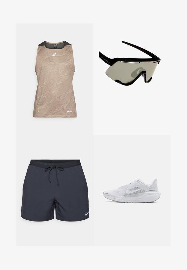 Kohvane ilma varrukateta sporditopp, millel on tekstureeritud muster, musta võrkmaterjaliga kaelas ja käeäärtes, ning väike logo ees.; Nike jooksutrikoosid, tumhalli värvi, elastne vöökoht koos kärguga, küljetaskud, kerge kangas, mille alumisel serval on valge Nike logo.; Valge sportlik king, millel on võrgust pealne osa, sujuva tekstuuriga kattekiht, hallid aktsendid, sidemed ja pehmendatud tald, mis on mõeldud sooritusvõime jaoks.; Mustad mustasportlikud päikeseprillid, millel on ümbermoodustav disain, suured hallid objektiivid ja tugev raam valgete aktsentide ja logoga.