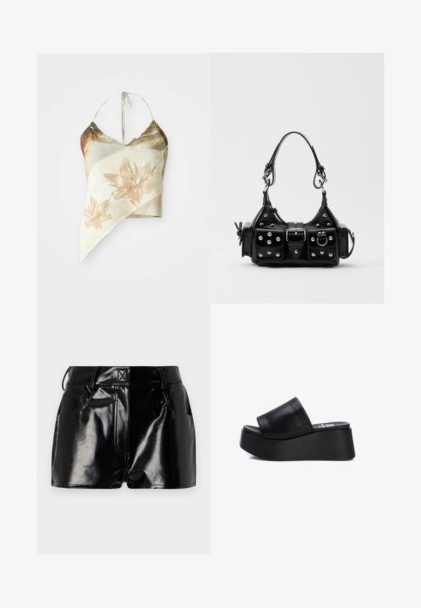 Asimetrična cvjetna majica na crop s uzorkom u prigušenim bež i maslinastim tonovima, s mrežastom teksturom, vezanjem oko vrata i drapiranim dizajnom.; Bordo kožni top na halter s prednjim vezanjem, s metalnim očicama, prikladnom siluetom i glatkom teksturom, nudeći strukturirani dizajn.; Crne, sjajne kratke hlače napravljene od sintetičkog materijala. Imaju uski pojas, petljice za pojas i prednje džepove sa istaknutim detaljima šivanja.; Crne platforme s natikačama od glatke kože, širokim remenom i čvrstim gumenim potplatom, s mat završnom obradom i oblikom koji se prilagođava.; Crna kožna torba s zakrivljenim dizajnom, koja sadrži srebrne zakovice, kopču i dva bočna džepa. Podesiva traka za različite opcije nošenja.