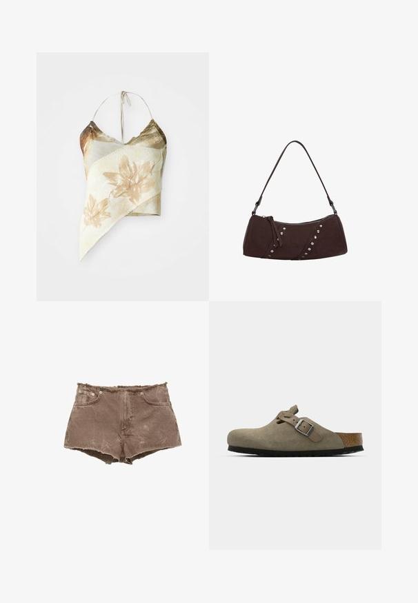 Aszimmetrikus virágmintás crop top tompa bézs és olíva árnyalatokban, hálós textúrával, nyakba köthető pántokkal és redőzött dizájnnal.; Barna farmer sort, rojtos szegéllyel, öt zsebes kialakítással és fémgomb díszítéssel. Az anyag enyhén kopott, textúrált felületű.; Bársony klumpák világos olíva zöld színben, formázott parafa és gumitalppal. Oldalszíjjal és fém csattal rendelkezik, valamint lekerekített orra van.; Barna szintetikus bőrből készült kézitáska, ívelt formával, cipzáras záródással és díszes ezüst tüskékkel az egyik oldalon. Rövid vállpánttal rendelkezik.