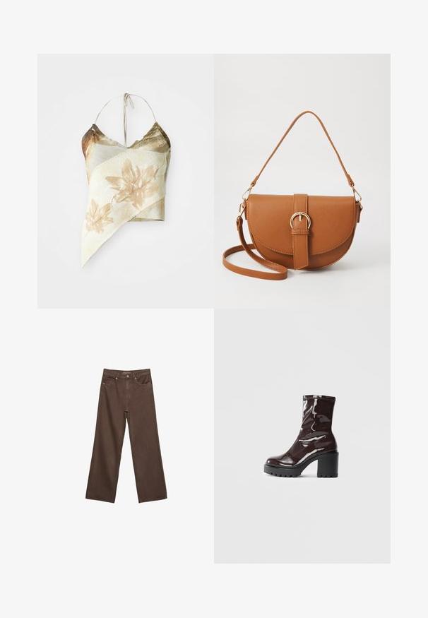 Asymetrická kvetinová potlač vo farbách tlmenej béžovej a olivovej, s textúrou z jemnej sieťoviny, zaväzovaním na krku a drapériou.; Džínsy s širokými nohavicami v hnedej farbe, vyrobené z denimu, so zvýšeným pásom, prednými vreckami a klasickým zapínaním na gombík. Hladká textúra s jemným prešívaním.; Lesklé burgundské kotníkové boty s robustním černým podpatkem, s hladkou strukturou a jednoduchým designem. Bez viditelných zapínání nebo vzorů.; Hnedá kožená kabelka cez telo s zakriveným tvarom, zlatými kovovými doplnkami a akcentom s prackou. Obsahuje odnímateľný ramenný popruh.