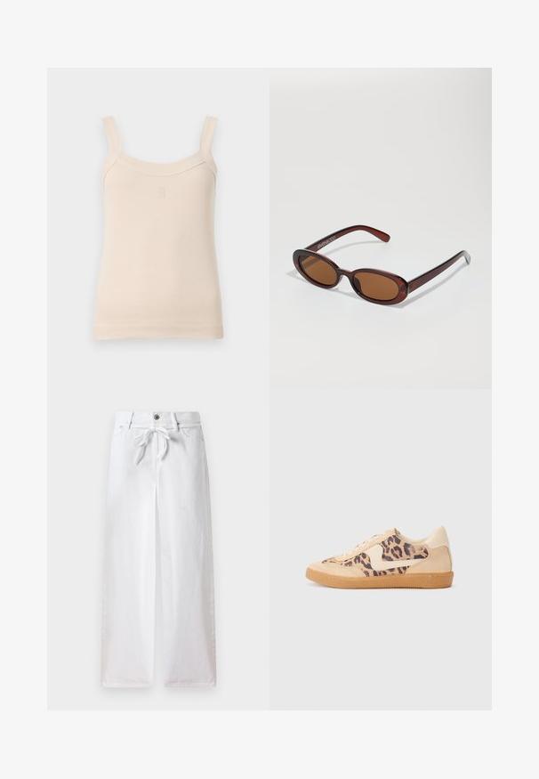 Beige ribbed tank top with thin straps and a rounded neckline. Features a stitched logo on the front. Smooth texture, fitted design.; White wide-leg pants made of cotton. Features a drawstring tie at the waist and a button closure. Smooth texture with a minimalist design.; Leopard print sneakers with beige suede upper, tan rubber sole, and white accents. Round toe and lace-up design with a textured finish.; Round, brown-tinted sunglasses with a glossy burgundy frame. Slim arms with subtle branding detail. Flat lens design.