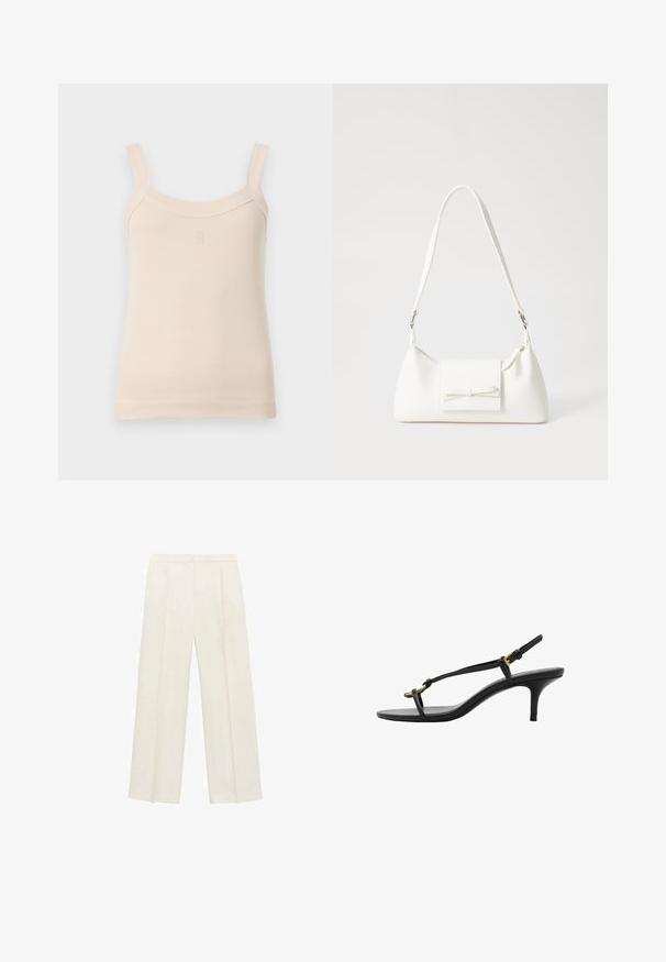 Beige geripptes Tanktop mit dünnen Trägern und runder Ausschnitt. Hat ein gesticktes Logo auf der Vorderseite. Glatte Textur, taillierte Passform.; Weit geschnittene Hosen in einem hellen cremefarbenen Farbton. Hergestellt aus einem glatten Stoff mit Falten an der Vorderseite und seitlichen Taschen.; Schwarze Leder-Kitten-Heel-Sandale mit dünnen Riemen, goldener Schnalle und minimalistischer Zehen-Schlaufe vor einem weißen Hintergrund.; Weiße synthetische Handtasche in dreieckiger Form, flache Vorderklappe und Schleifendetail, verstellbarer Trageriemen, glatte Textur und minimalistisches Design.