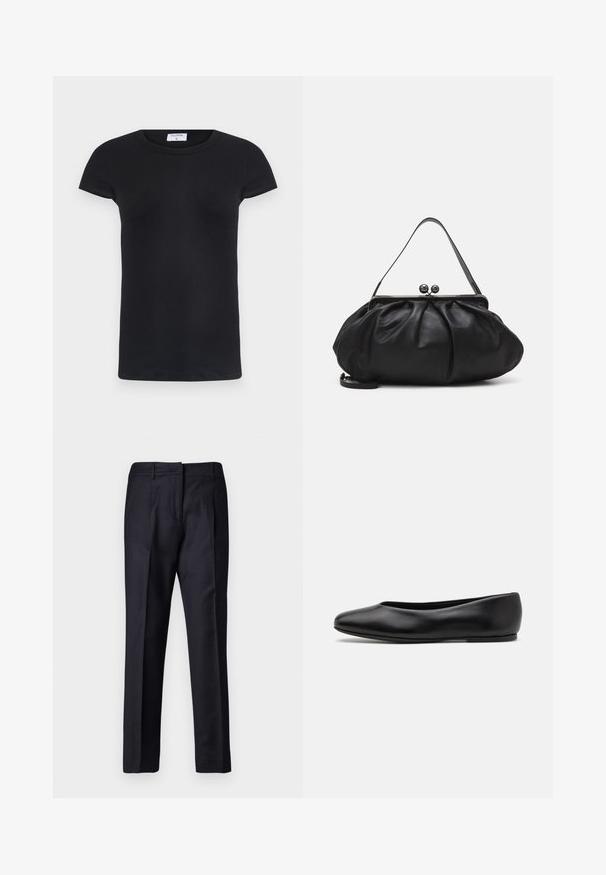 Czarny prążkowany T-shirt z okrągłym dekoltem i krótkimi rękawami. Miękki materiał o dopasowanym kształcie, z metką na dekolcie.; Granatowe spodnie o dopasowanym kroju z gładką teksturą, z płaskim przodem, podwójnymi plisami i szlufkami na pasek. Prosty krój nogawki, wykończone dołem.; Paul Smith TOPANGA czarny; Czarna skórzana torebka o zaokrąglonym, plisowanym wzorze. Posiada metalowy zamek z dwoma dekoracyjnymi kulkami oraz smukły, odpinany pasek.