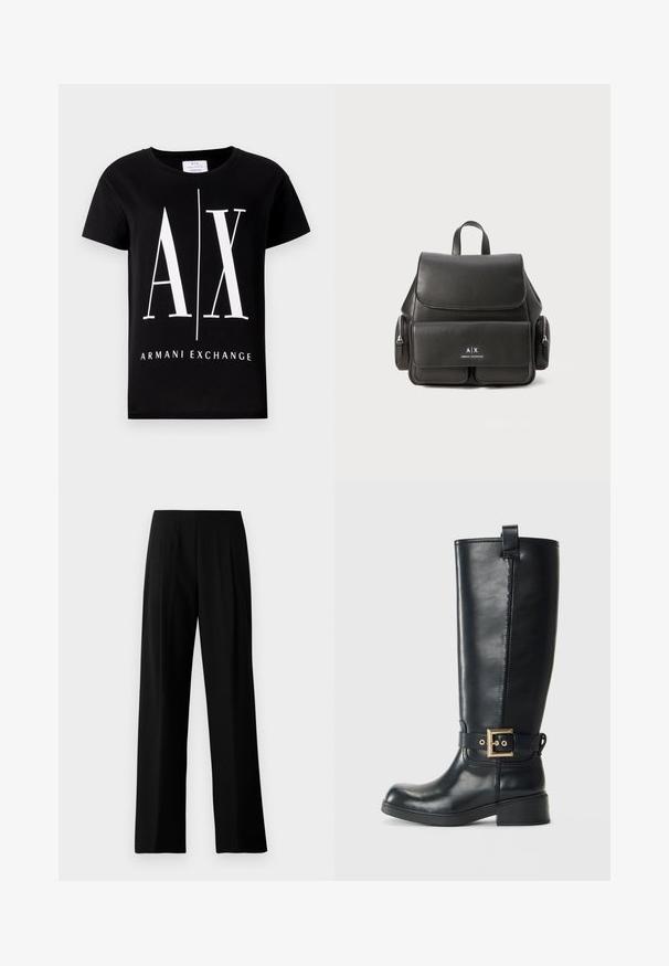 Must musta T-särk, millel on suur valge logo "AX" ja tekst "ARMANI EXCHANGE". Klassikaline ümmargune kaelus ja lühikesed varrukad.; Mustad laiad mustad püksid, valmistatud siledast kangast, millel on lame vöökoht ja esiosal voldid, et saavutada kohandatud välimus. Ilma nähtavate kinnituste või mustriteta.; Mustad muste nahast saapad, mis ulatuvad põlvedeni, madala plokk-kandaga, kaunistatud kullavärvi pihustiga ümbritsetud ja ülevalt tõmmitsaga.; Must must nahk Seljakott klapi sulgemisega, esikoti, külgsete tõmblukkudega sektsioonide ja ülemise käepidemega. Esiküljel on logo detailid.