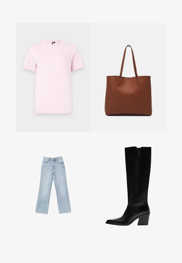 Lyserød kortærmet T-shirt lavet af bomuldsstof, med rund halsudskæring og en simpel, glat tekstur uden mønstre eller detaljer.; Lyseblå denimjeans med bred benåbning, slidte detaljer, fem-lomme design og lynlåslukning.; Sorte knæhøje støvler lavet af glat læder, med spids tå, blokhæl og en V-formet udskæring foroven.; Brun læder tote taske med en glat overflade, åben topdesign og to skulderremme. Har minimal syning og ingen synlig hardware.