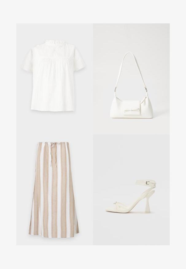Bluză albă cu mânecă scurtă, cu decolteu pliant, textură subtilă și croială lejeră. Închiderea din spate prezintă un detaliu cu buclă și nasture.; Fustă rayé în alb și bej deschis, cu talie reglabilă și un design lung, fluid. Fabricată dintr-un material ușor, cu o croială lejeră.; Sandalele cu toc înalt, cu bretele, din piele albă, cu un design elegant, toc transparent și un element decorativ la vârf.; Geantă sintetică albă, cu formă triangulară, capac frontal plat și detaliu cu fundă, curea ajustabilă, textură netedă și design minimalist.