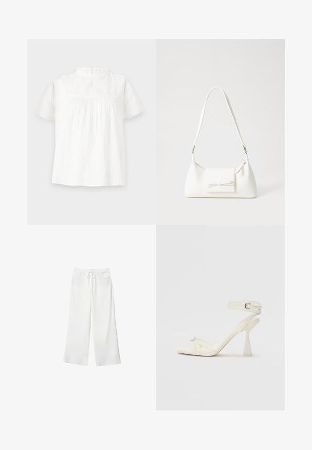 Biela blúzka s krátkym rukávom, so zberaným výstrihom, jemnou textúrou a voľným strihom. Zadné zapínanie má detail s očkom a gombíkom.; Biele široké nohavice vyrobené z mäkkej látky, s pásekom na sťahovanie a dvoma prednými vreckami. Hladká textúra a bez viditeľných vzorov.; Biele kožené sandále na vysokom podpätku s pásikmi, elegantným dizajnom, priehľadným blokovým podpätkom a dekoratívnym prvkom na špičke.; Biela syntetická kabelka s trojuholníkovým tvarom, plochým predným klapkou a detailom mašle, nastaviteľným popruhom, hladkou textúrou a minimalistickým dizajnom.