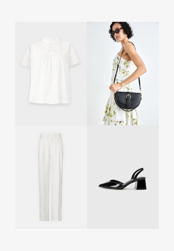Blusa blanca de manga corta con un escote rizado, textura sutil y un corte relajado. El cierre en la parte posterior cuenta con un lazo y un detalle de botón.; Pantalones blancos a rayas con un diseño de pierna recta, hechos de una tela ligera. Presenta pliegues en la parte delantera y una cinturilla tradicional.; Zapatos de tacón slingback de charol negro con punta afilada y tacón geométrico en bloque. Presentan un diseño elegante y minimalista, así como una textura suave.; Bolso de piel negra con forma curva, correa desmontable y herrajes dorados. El bolso cuenta con una solapa con un detalle de hebilla.