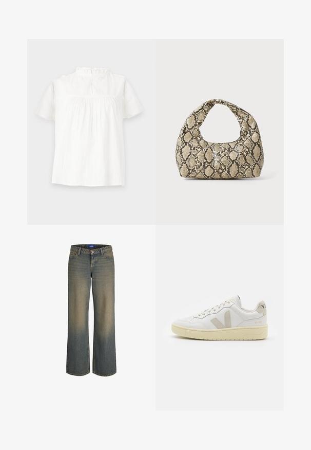 Blouse blanche à manches courtes avec un col froncé, une texture subtile et une coupe décontractée. La fermeture au dos présente un détail de boucle et de bouton.; Jean en denim bleu à jambes larges avec un dégradé du clair au foncé, design à cinq poches et fermeture à glissière. Détails cousus sur les bords.; Baskets blanches en cuir avec des accents en daim beige, boîte à orteils perforée, lacets plats et semelle texturée crème. Présente un logo discret au talon.; Sac à main en motif serpent avec une poignée incurvée. Fabriqué à partir de matériaux texturés beiges et bruns, présentant un motif en diamant distinctif.