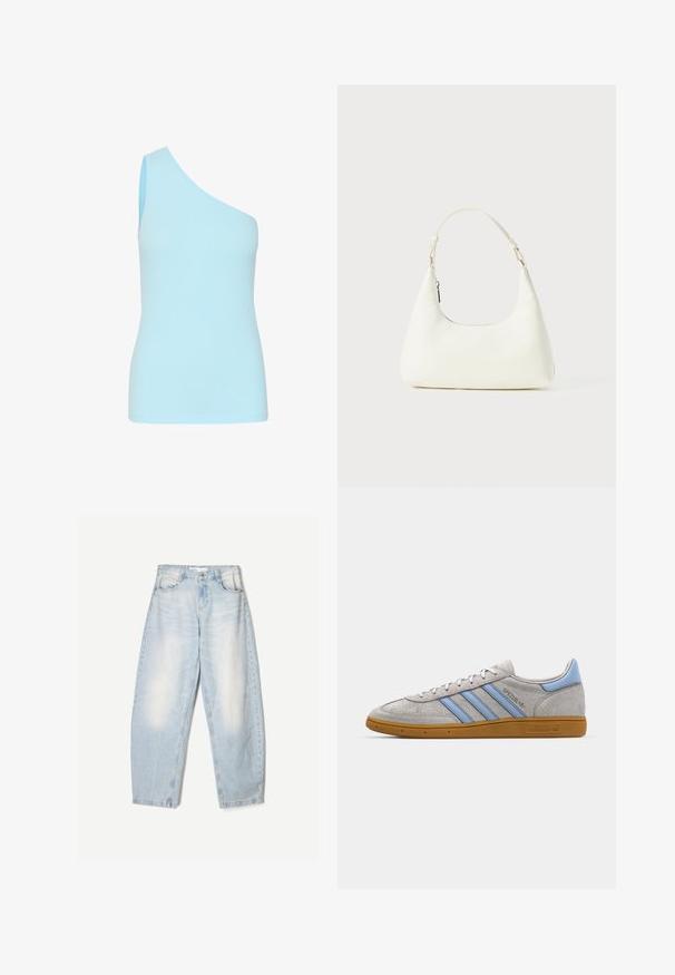 Helles, blaues, geripptes, ärmelloses Oberteil mit asymmetrischem Ausschnitt; taillierte Form und glatte Textur, geeignet zum Layering.; Weißes Hemd mit klassischem Kragen, langen Ärmeln und lockerer Passform. Hergestellt aus leichtem Stoff mit glatter Textur.; Hellblaue Jeans aus Denim mit lockerer Passform, im ausgewaschenen Finish, zwei Fronttaschen und einem Knopfverschluss am Bund.; Grau Wildleder Sneaker mit hellblauen Streifen, gummiertem Sohlenmaterial und Logo-Akzenten. Niedriges Design mit runder Zehenform und Schnürverschluss.; Kleine weiße Schultertasche mit einem verstellbaren Tragegurt und einem Reißverschluss, vor einem schlichten weißen Hintergrund.
