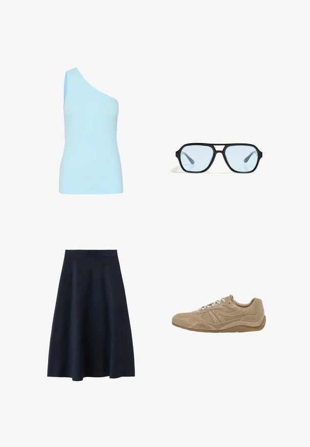 Lyseblå, ribbet, ærmeløs top med en asymmetrisk halsudskæring; tætsiddende form og glat tekstur, velegnet til lag-på-lag-styling.; En mørk navy midi-nederdel lavet af glat stof, med en tætsiddende talje og en svinget form, uden synlige mønstre eller udsmykninger.; Beige ruskinds sneaker med lav profil, tekstureret overflade og hvide snørebånd. Har et buet design og en gummisål for godt greb.; Sorte solbriller med rektangulære rammer, blåtonede linser og et karakteristisk brodesign. Slank finish, afdæmpet tekstur.; Taupe tekstureret læderhåndtaske med tophåndtag, justerbar skulderrem og dekorativ knude detalje på en ren hvid baggrund.