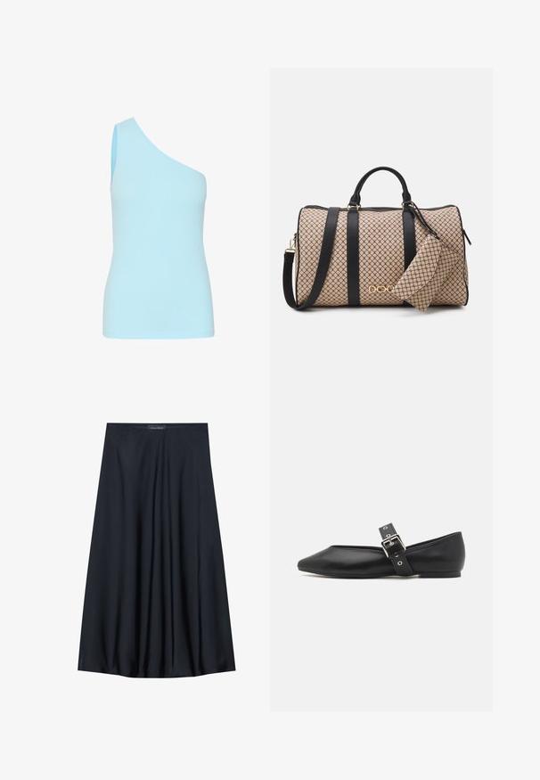 Svjetloplavi, rebrasti, bezrukavni top s asimetričnom izrezom; uskog kroja i glatke teksture, pogodan za slojevito nošenje.; Črna krila do kolen, izdelana iz lahkotnega blaga s sproščenim dizajnom. Ima gladko teksturo in subtilne gube za dodatne podrobnosti.; Črne usnjene balerinke s špičastim viškom, stransko zaponko s srebrno zaponko in nizkem peto. Gladka tekstura in minimalističen dizajn.; Nahrbtnik z bež vzorčasto zunanjostjo, črnimi usnjenimi trakovi, zlatimi dodatki in majhnim ujemajočim se etuijem pritrjenim na njem. Strukturna zasnova.; Zlato obarvana pravokotna ročna ura z belo številčnico, srebrnimi kazalci in trdno kovinsko zapestnico. Vključena je vodoodporna funkcija.