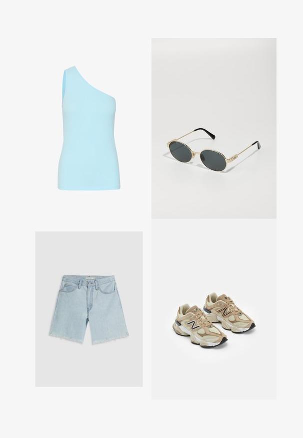 Helles, blaues, geripptes, ärmelloses Oberteil mit asymmetrischem Ausschnitt; taillierte Form und glatte Textur, geeignet zum Layering.; Hellblaue Denim-Shorts mit gerader Beinform, fransigem Saum, fünf Taschen und Knopfverschluss an der Taille.; Beige Sneaker aus Mesh- und Wildledermaterialien. Mit einem schwarzen Logo und strukturierten Akzenten. Dicke weiße Zwischensohle und schwarze Gummisohle.; Goldfarbene Metallsonnenschutzbrille mit ovalen Gläsern und dunkeltönenden Linsen. Schwarze Acetatspitzen an den Bügeln. Markenname "QUAY" an der Seite.; Weiße Lederhandtasche mit einem goldfarbenen Verschluss, schwarzen Akzenten, einem abnehmbaren Schulterriemen und einem strukturierten Design mit Klappenverschluss.