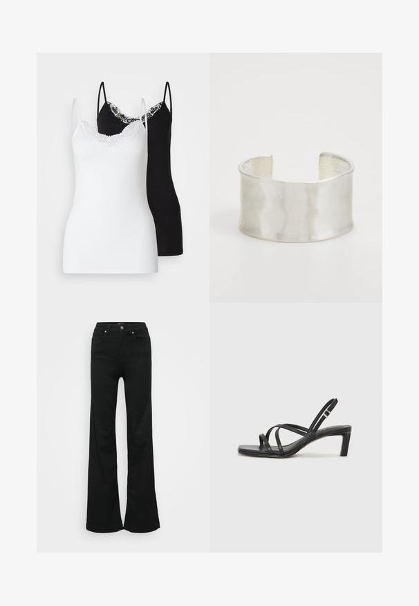 Two women's camisole tops: one in white with lace trim, the other in black with lace accents, both featuring thin adjustable straps.; Black flared jeans made from denim, featuring a high waist, five pockets, and metal button closure. Smooth texture with minimal detailing.; Black strappy sandal with a square toe and a low block heel. Features multiple thin straps and an adjustable ankle strap. Made of smooth leather.; Zign Bracelet - silver-coloured