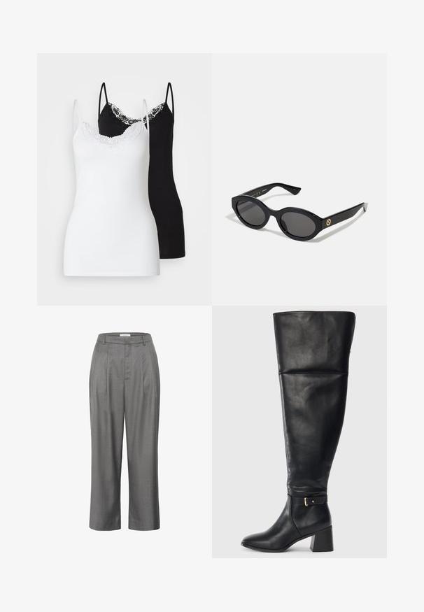 Zwei Damen-Cami-Tops: eines in Weiß mit Spitzenbesatz, das andere in Schwarz mit Spitzenakzenten, beide mit dünnen verstellbaren Trägern.; Graue maßgeschneiderte Hose mit geradem Schnitt, ausgestattet mit einem plissierten Vorderteil, glattem Stoff und einem klassischen Taillendesign.; Schwarzer knöchelhoher Lederstiefel mit Blockabsatz und dekorativem Riemen mit goldener Schnalle oberhalb des Knöchels, Seitenansicht auf weißem Hintergrund.; Schwarze ovale Sonnenbrille mit dunklen Gläsern und glänzendem Kunststoffrahmen. Mit goldenem Logo am Bügel, das ein elegantes und modernes Design bietet.