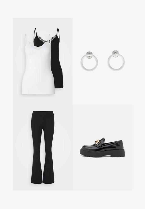 Two women's camisole tops: one in white with lace trim, the other in black with lace accents, both featuring thin adjustable straps.; Black flared pants made of stretchy fabric, featuring a high waistband and a smooth texture. The pants flare out from the knee.; Black patent leather loafers with a chunky black sole and gold hardware detailing. Smooth texture and rounded toe design.; Silver metal hoop earrings with a brushed texture, featuring a circular design and a clear post back for secure wear.
