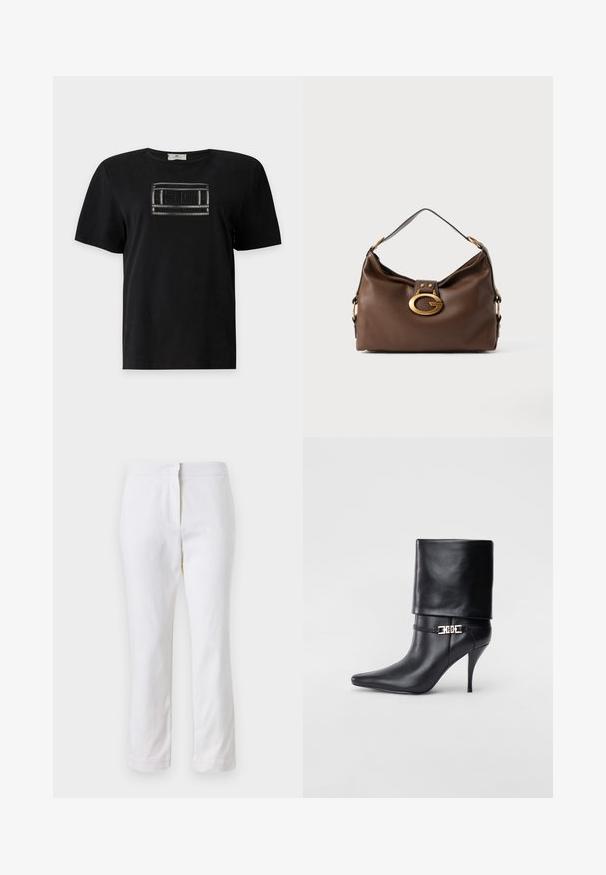 Juodas medvilninis marškinėliai su trumpomis rankovėmis, turintys stačiakampį blizgantį logotipą, siuvinėtą priekyje sidabro ir juodų akcentų.; Balti medvilniniai kelnių su tiesiu kojų dizainu, turintys vidutinį liemenį ir be matomų detalių ar raštų. Lygi tekstūra visame paviršiuje.; Juodos odinės kulkšninių botų su smailiu nosiu, aukštu stiletto kulnu, apvyniojamu kraštu ir auksine dekoratyvine sagtimi prie kulkšnies.; Ruda odinė rankinė su tekstūruotu paviršiumi, turinti auksinės spalvos užsegimą ir vieną išlenktą petį.