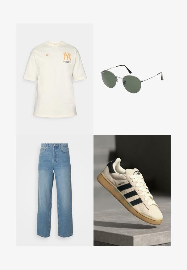 Krēms krāsas kokvilnas t-krekls ar īsām piedurknēm, priekšā ar oranžām NY emblēmām un tekstu "Izveidots 1903. gadā THE BRONX".; Gai zilas augstās jostas džinsu bikses ar taisnām kājām, priekšējo pogu aizdari un piecu kabatu dizainu uz vienkrāsaina fona.; Bežs zamšs sporta apavi ar trim tumši ziliem svītrām, baltām auklām un brūnu gumijas zoli. Uz mēles ir logo un teksts "CAMPUS".; Metāla rāmji saulesbrillēm ar ovālām zaļām lēcām. Tievs sudraba metal rāmji un melni ausu spilventiņi. Minimalistiska dizaina, bez redzamām apzīmējumiem.