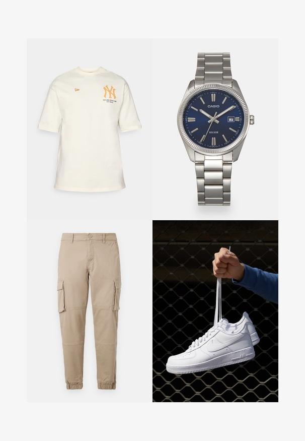Krém színű pamut póló rövid ujjakkal, narancssárga NY logóval és a "Established 1903 THE BRONX" felirattal a mellkasi részén.; Beige színű cargo nadrág könnyű pamut anyagból. Rugalmas mandzsettákkal, több oldalsó zsebbel és gombos záródással rendelkezik.; Fehér bőr sportcipők perforációval, kerek orral, lapos talppal és vastag fűzőkkel, látható swoosh logóval és "AIR" felirattal a sarokrészen.; Ezüst színű rozsdamentes acél karóránk sötétkék számlapja van, fém óraszámlálókkal és egy dátumablakkal a 3 órás pozícióban. 50 méterig vízálló.