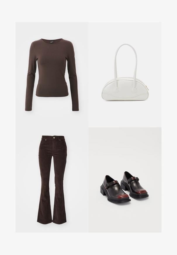 Gina Tricot SOFT TOUCH CREW NECK TOP - Maglietta a manica lunga - java; Vero Moda VMFLASH FLARED PANTS - Pantaloni - chocolate torte; Scarpe in pelle con tacco a blocco, dal lucido finish bordeaux scuro, dotate di cinturino con fibbia e punta arrotondata. Suola testurizzata per una migliore aderenza.; Even&Odd Borsa a mano - off-white