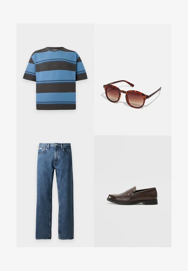 Tričko s krátkym rukávom z bavlny s horizontálnymi pruhmi v odtieňoch modrej a tmavošedej. Má okrúhly výstrih a voľný strih.; Biela polokošeľa s dlhými rukávmi vyrobená z bavlny. Má golier s gombíkmi, predné gombíky a rovný lem. Bez vzorov alebo akcentov.; Modré džíny s rovnými nohavicami a vysokým pásom, so zapínaním na gombík a zips, prednými vreckami a malou bielou značkovou nálepkou na pravom vrecku.; Hnedé kožené mokasíny s okrúhlou špičkou, dekoratívnym prešívaním a malým plochým opätkom. Hladká textúra s nenápadnými dizajnovými prvkami.; Korytnačkové slnečné okuliare s hnedými gradientovými šošovkami, zaobleným tvarom a čiernymi akcentmi na ramienkach; obsahujú dva malé kovové študov pri šošovkách.; Čierna kožená crossbody taška s preklopom, dvoma striebornými prackami, žltým prešívaním a nastaviteľným popruhom. Vyznačuje sa hladkou textúrou a kompaktným dizajnom.