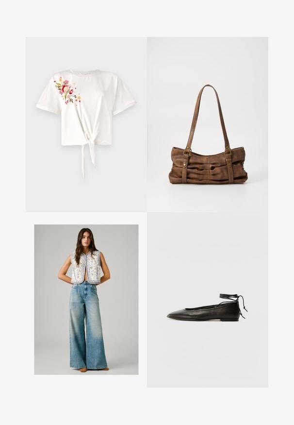 White short-sleeve T-shirt with a knotted front. Features floral embroidery in pink and yellow on the left side. Soft cotton material.; Woman wearing sleeveless white floral patterned vest paired with high-waisted wide-leg faded blue jeans and brown shoes, standing with hands behind back.; Black leather ballet flats with a pointed toe, ankle tie, and flat sole, featuring a smooth texture and minimalistic design.; Even&Odd Handbag - brown