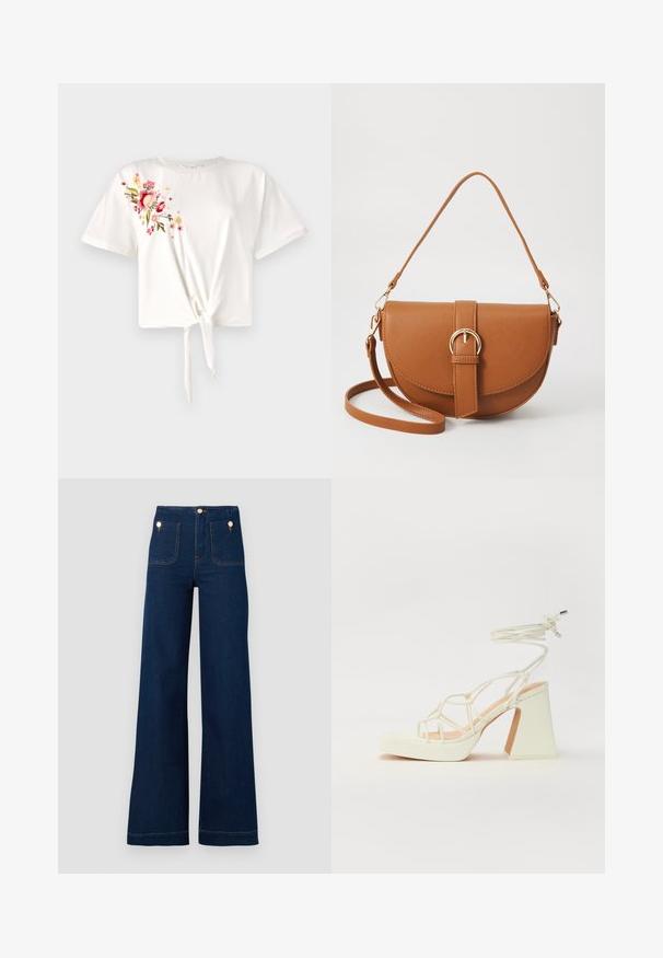 Bela kratka majica s kratkimi rokavi z zavitim sprednjim delom. Ima cvetlične vezenine v roza in rumeni barvi na levi strani. Narejena je iz mehkega bombažnega materiala.; Temno modri široki hlače z visokim pasom, zlatimi gumbnimi detajli, dvema sprednjima in dvema zadnjima žepoma ter kontrastnimi šivi. Teksturirana denim tkanina.; Bela sandala na visokih petah s debelim petam, ki ima obliko trakcev in vezanje okoli gležnja. Gladka tekstura z platformo spredaj za dodatno višino.; Rjava usnjena torbica prek telesa s ukrivljeno obliko, zlate opreme in sponko. Ima odstranljiv naramni trak.