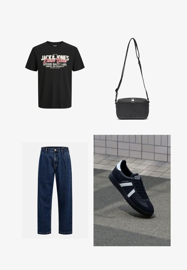 Zwarte katoenen t-shirt met een ronde hals. Voorzien van opvallende witte en rode letters: "JACK & JONES Denim Goods" en "Superior Quality Label."; Donkerblauwe denim jeans met een rechtlopende pasvorm. Beschikt over zichtbare stiksels, een knoopsluiting en voorste plooien voor extra detail.; Zwarte leren sneaker met witte strepen, een gestructureerde rubberen zool en vetersluiting aan de voorkant. Voorzien van een merklabel op de tong.; Zwarte leren schoudertas met een ritssluiting, reliëflogo aan de voorkant en een verstelbare schouderriem. Gladde textuur met een rechthoekige vorm.