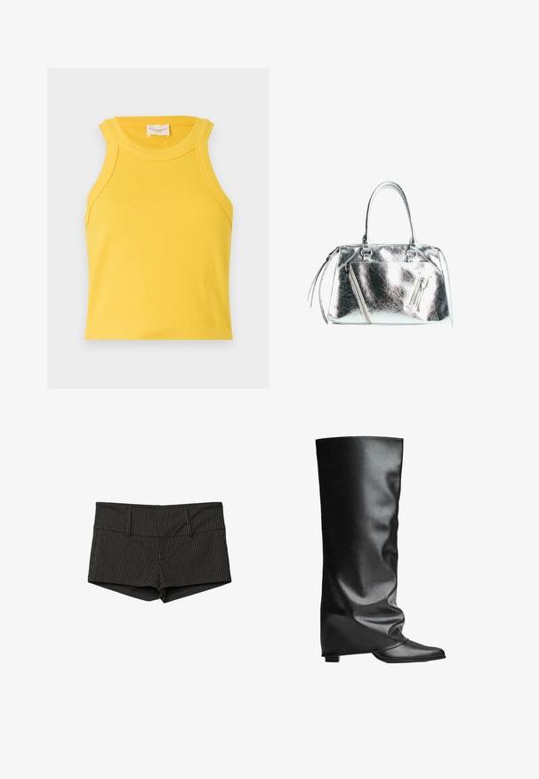 Žltý rebrovaný tielko s okrúhlym výstrihom a bezrukávovým dizajnom. Obsahuje malú logo aplikáciu na spodnej časti. Hladká textúra.; Čierne a šedé pruhované šortky s priliehavým strihom, so plochým pásom, dvoma prednými vreckami a lemom, ktorý končí v polovičke stehien.; Čierne kožené vysoké topánky s hladkou textúrou, voľným dizajnom, špicatou špičkou a nízkym štvorcovým podpätkom. Minimalistický štýl bez viditeľného kovania.; Metalická strieborná kabelka so štruktúrovaným tvarom, dvoma hornými držadlami a zipsovými vreckami vpredu. Hladký a lesklý povrch.