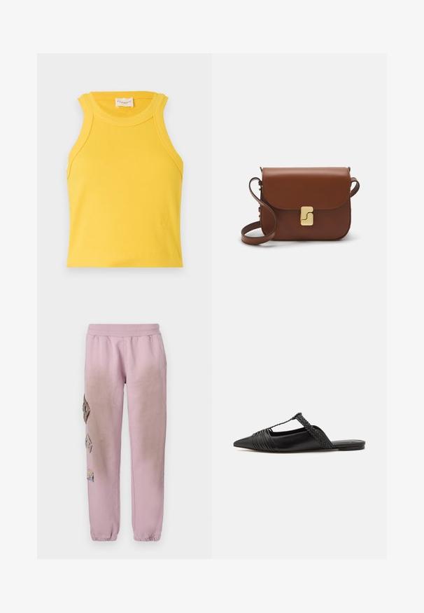 Dzeltena ribota bezpiegu blūze ar apaļu dekoltē un bez piedurknēm. Ar nelielu logotipu apakšā. Gluda tekstūra.; Rozā sporta bikses ar elastīgu jostu, kurām labajā pusē ir dekoratīvi uzliktni dimanta formā un elastīgas apkakles pie potītēm.; Melnas ādas slingback kurpes ar norādītu purngali, kurām ir austoša akcenta un krokota augšdaļa. Plakana zole ar minimālu aparatūru.; Bordo ādas rokas soma ar atloku, zeltītām detaļām, plecu siksnu un gludu virsmu. Kompakta, taisnstūrveida forma.