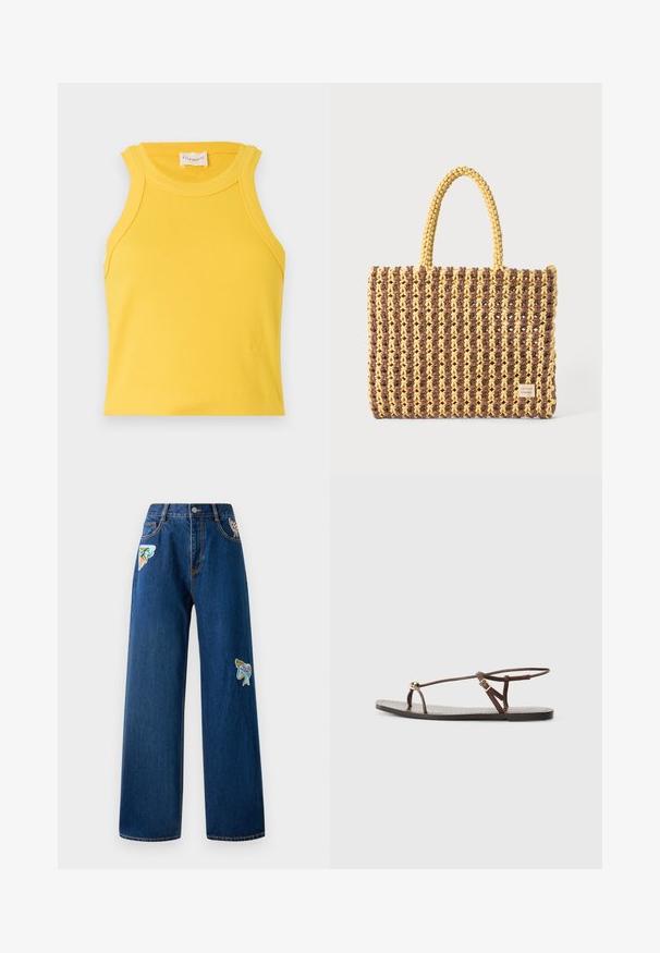 Dzeltena ribota bezpiegu blūze ar apaļu dekoltē un bez piedurknēm. Ar nelielu logotipu apakšā. Gluda tekstūra.; Tumši zili denima plaša kāju džinsi ar divām krāsainām izšūtām plāksteriem priekšā. Raksturīgas standarta kabatas un redzami šuvju detalizējumi.; Brūni ādas sandeļi ar plānām siksnām, zeltītu apļa akcentu un plakanu zoli. Minimalistisks dizains ar regulējamu sprādzi.; Auduma soma brūnā un dzeltenā krāsā, ar taisnstūra formu, divām rokturu siksnām un teksturētu apdari ar redzamām šuvēm un zīmola birku.