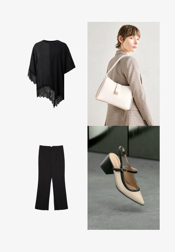 Crni kratki rukav top s asimetričnom donjom rubom i čipkastim detaljem na dnu. Izrađen od lagane tkanine s glatkom teksturom.; Crne hlače ravnog kroja, s prednjim džepovima i bočnim prorezima na rubu. Izrađene od mekog i glatkog materijala. Pogodne za razne prigode.; Bež cipele s otvorenom petom i šiljastim vrhom, crnim obrubom, zlatnom kopčom i debelim blok-petom na sivom podu s tamnozelenom pozadinom.; Bijela kožna torba s čvrstim dizajnom, s magnetskim kopčanjem i remenom za rame, prikazana na neutralnoj pozadini.