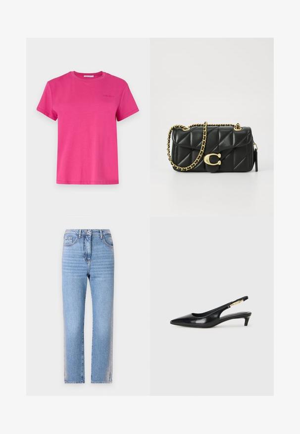 Rózsaszín, rövid ujjú póló, puha pamutból készült, kerek nyakkivágással és egy kicsi, dombornyomott logóval a mellkasán. Klasszikus szabás és sima textúra.; Világoskék farmernadrág egyenes szabással, gombos és cipzáras záródással, öt zsebbel és kopottas textúrával a lábszáron.; Fekete bőr slingback magassarkúk, hegyes orral, vékony sarkakkal és arany színű részlettel a állítható pánton. Simа felület.; Fekete steppelt bőr kézitáska arany lánc pánttal és kör alakú akasztóval. Kompakt, téglalap alakú.