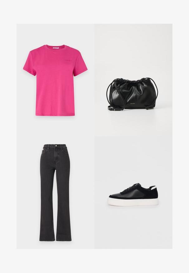 Lyserød t-shirt med korte ærmer lavet af blødt bomuld, med en rund halsudskæring og et lille præget logo på brystet. Klassisk pasform og glat tekstur.; Sorte højtaljede flagrende jeans lavet af denim, med knaplukning, bæltestropper og sidelommer. Glat tekstur med minimal falming.; Sort sneakers med glat læder og ruskindspaneler, flade snørebånd, rund tå og en hvid gummisål. Distinkt logo på hælen.; Sort læderhåndtaske med samlet design, dobbelt snørelukning og aftagelig skulderrem. Har metal-logo detaljer.