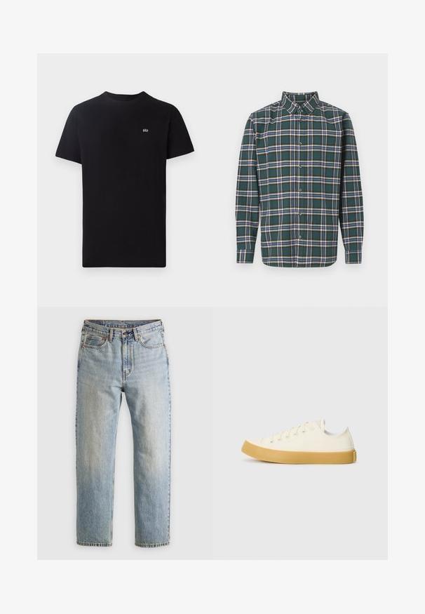 Fekete pamut póló klasszikus kerek nyakkal, rövid ujjú, bal mellig hímzett kis fehér logóval.; Zöld flanel ing, kockás mintázattal, amely kék, fehér és mustár sárga vonalakból áll. Gombos elülső rész és hegyes gallér. Hosszú ujjak.; Világoskék farmernadrág magas derékkal, elülső gombbal, cipzárral és öt zsebbel, sima háttérre fektetve.; Krémszínű vászon sportcipő, kerek orral, bézs gumi talppal és öt fűzőlyukkal, a felső részen texturált felülettel.
