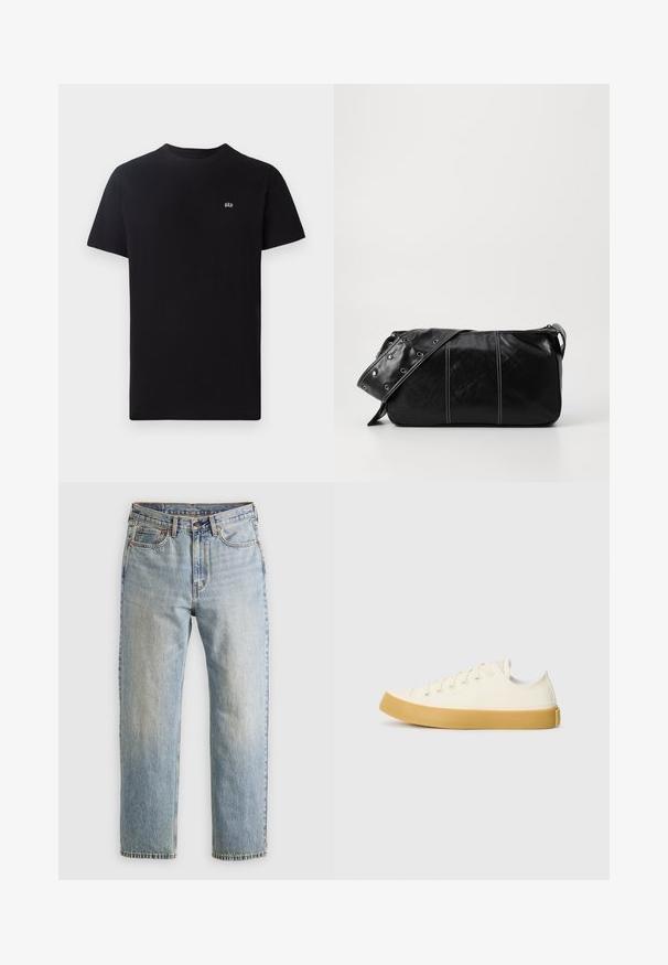 Tricou din bumbac negru cu guler clasic rotund, mâneci scurte și un mic logo alb brodat pe pieptul stâng.; Jeans din denim de culoare albastru deschis, cu talie înaltă, nasture frontal, fermoar și design cu cinci buzunare, așezate platesc pe un fundal neutru.; Tenisi din pânză de culoare albă murdară, cu vârf rotund, dotati cu talpă din cauciuc bej și cinci găuri pentru șireturi, cu un finisaj texturat pe partea superioară.; Geantă de umăr din piele neagră cu închidere cu fermoar, având un corp texturat, cusături albe și o curea cu ochiuri argintii.