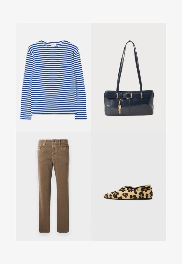 Hosszú ujjú ing kék és fehér vízszintes csíkokkal, kerek nyakkal és "CLOSED" címkével a galléron, fehér háttéren lefektetve.; Barna corduroy egyenes lábú nadrág elülső zsebekkel, övhurkokkal és gombos záródással fehér háttér előtt.; Puha szőrből készült leopárdmintás lapos cipők, hegyes orrú kialakítással és alacsony profilú megjelenéssel. Természetes árnyalatok fekete részekkel.; Sötétkék bőr kézitáska két hosszú fogantyúval, csattal díszítve és kulcstartóval. Simává polírozott textúrával és téglalap alakú dizájnnal rendelkezik.