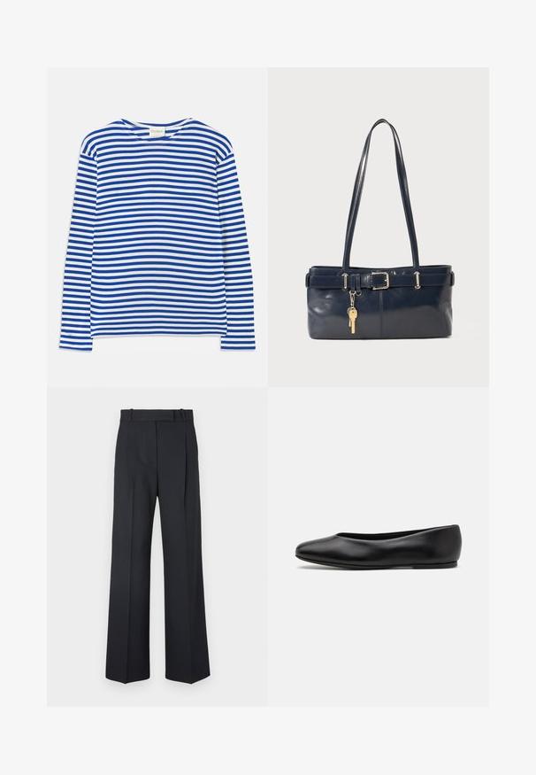 Long-sleeve shirt with blue and white horizontal stripes, crew neck, and "CLOSED" label at collar, laid flat on white background.; Dark blue pinstriped trousers with a high waist, wide leg design, and no visible hardware or embellishments. Smooth texture and tailored fit.; Paul Smith TOPANGA - Ballet pumps - black; Navy leather handbag with two long handles, a buckle detail, and a keychain attached. Features a smooth texture and a rectangular shape.
