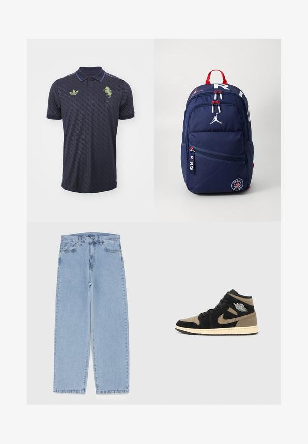 Námořnická polo triko s texturovaným vzorem, s zeleným logem na levé hrudi a kontrastními akcenty na límci a rukávech.; Světle modré džíny s rovnými nohavicemi, středním pasem, pěti kapsami a zapínáním na knoflík a zip.; Kotníkové tenisky z černé a béžové semiše, s perforovanou špičkou, béžovou stélkou, černými tkaničkami a stříbrným logem na boku.; Námořnický batoh s červenými akcenty, několika zipovými přihrádkami, nášivkami s logem a nastavovacími popruhy. Vyrobeno z odolné tkaniny.