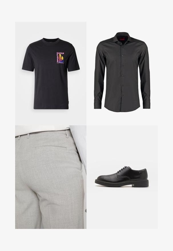Schwarzes T-Shirt mit kurzen Ärmeln, das ein bunt gesticktes Grafikdesign auf der linken Brust zeigt, mit der Aufschrift "Scotch Amsterdam". Aus weichem Baumwollstoff.; Schwarzes Langarmshirt mit slim fit, aus glattem Stoff. Verfügt über einen spitzen Kragen und sechs Knöpfe an der Vorderseite.; Hellgraue, maßgeschneiderte Hose aus strukturiertem Stoff, mit einer einzelnen Gesäßtasche und sauberer Nahtführung.; Schwarzer Leder-Schnürschuh mit abgerundetem Zeh, glatter Textur, minimaler Naht und niedrigem Gummiabsatz. Logo auf der Ferse.