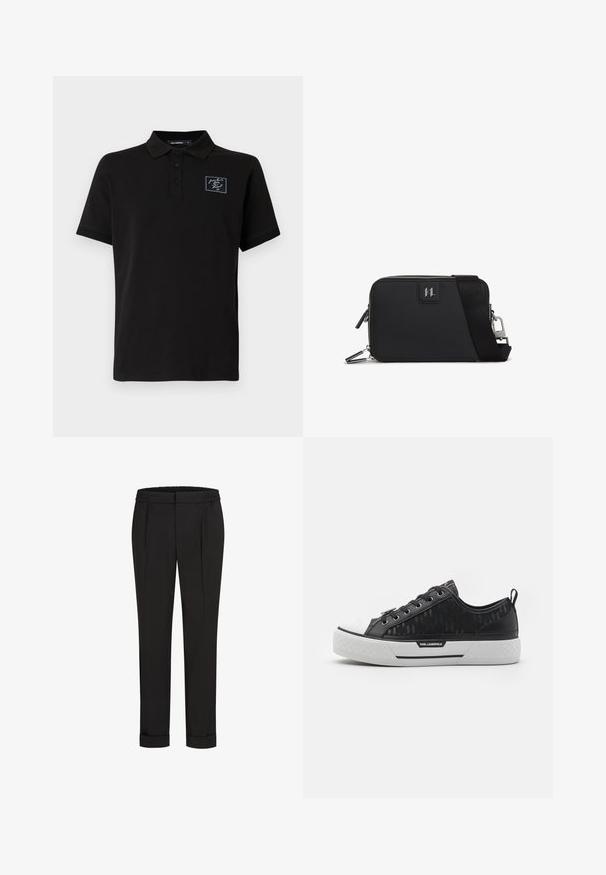 Čierna polokošeľa vyrobená z bavlny, s dvojitým gombíkom, krátkymi rukávmi a malou kontrastnou nášivkou na hrudi.; Čierne nohavice s elastickým pásom, s rovnými nohavicami a prehnutými manžetami. Vyrobené z hladkej tkaniny bez vzorov.; Čierne nízke tenisky s patterned plátnom, bielym gumovým prstom, textúrovanou podrážkou a logom na boku. Kovové očká pre šnúrky.; Čierna obdĺžniková taška vyrobená z textúrovaného materiálu, so zipsom, nastaviteľným popruhom a logom na prednej strane.
